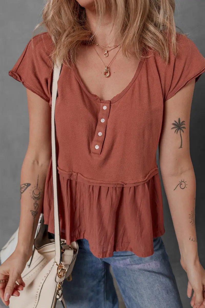 Chestnut Short Sleeve U Neck Buttons Splicing Ruffle Blouse - Love Salve